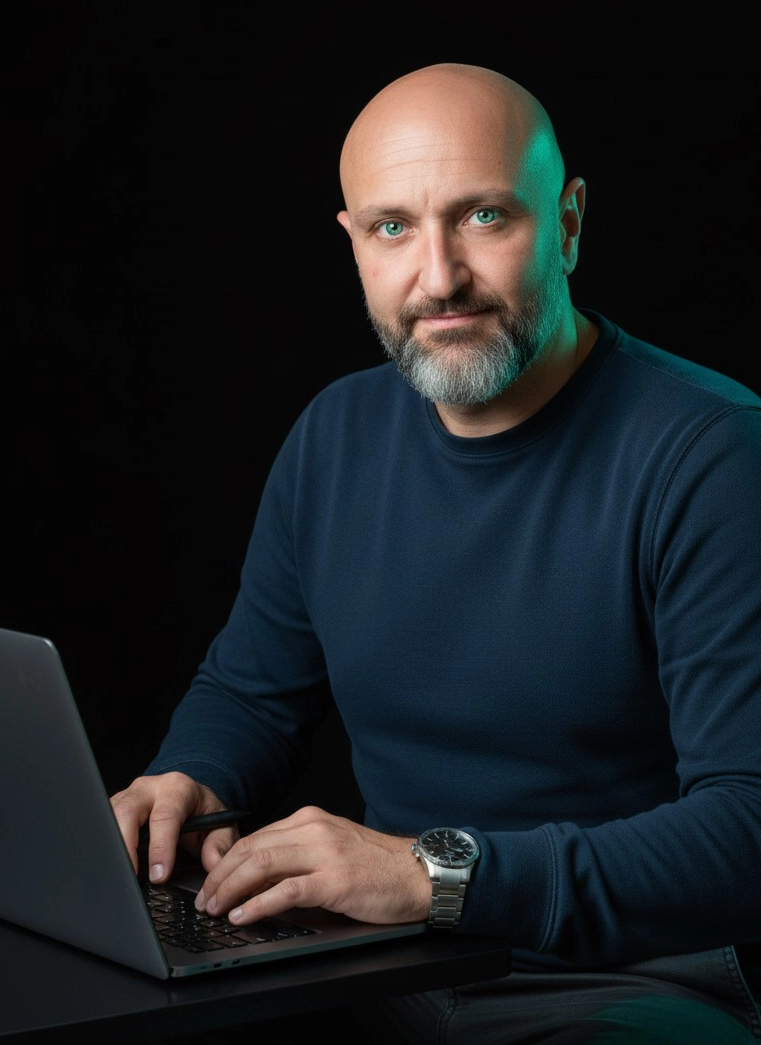 Sergio Vicente Muñoz, consultor digital en Barcelona, trabajando con su portátil